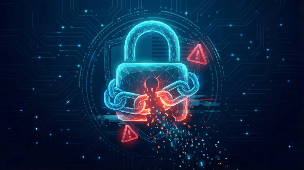 Common Causes of Data Breaches Featured Image. Image shows a blue digitised padlock with a red broken chain around it.