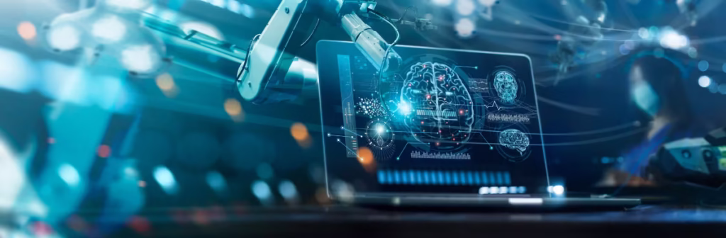 A digital screen displaying a brain and a robotic surgery arm close by